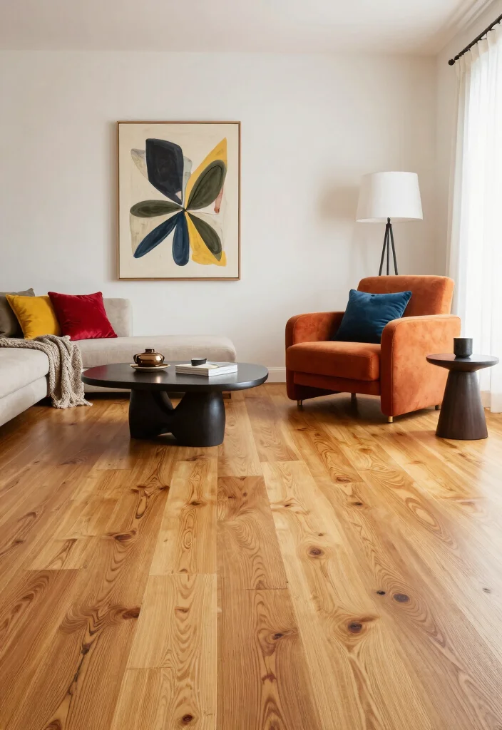 20 Honey Oak Floors Living Room Furniture Ideas - 13. Artistic Flair 1