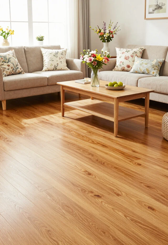 20 Honey Oak Floors Living Room Furniture Ideas - 18. Seasonal Decor 1