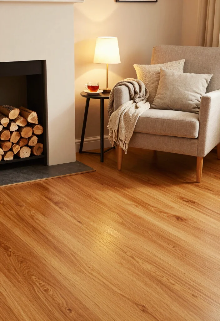20 Honey Oak Floors Living Room Furniture Ideas - 19. Cozy Corner with Firewood 1