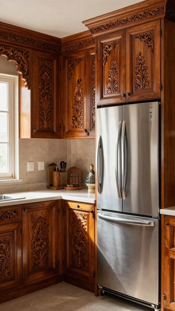 20 Indian Kitchen Design Ideas: Traditional & Modern Fusion Styles - 7. Traditional Carved Cabinetry 1