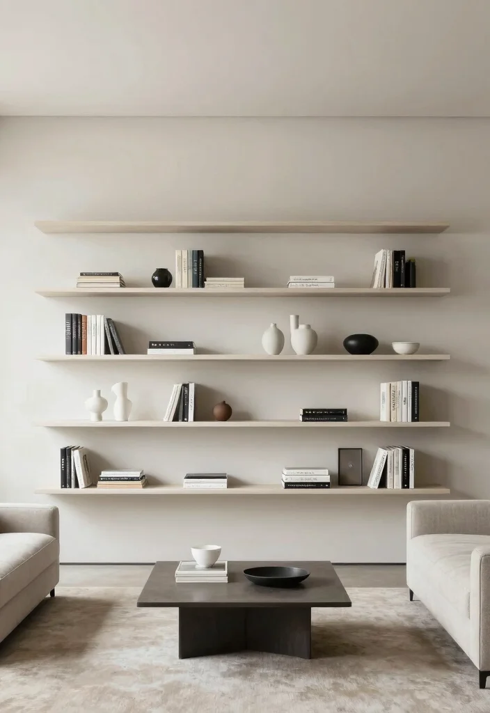 20 Latest Furniture Designs for Living Room in 2025 - 15. Minimalist Shelving Solutions 1