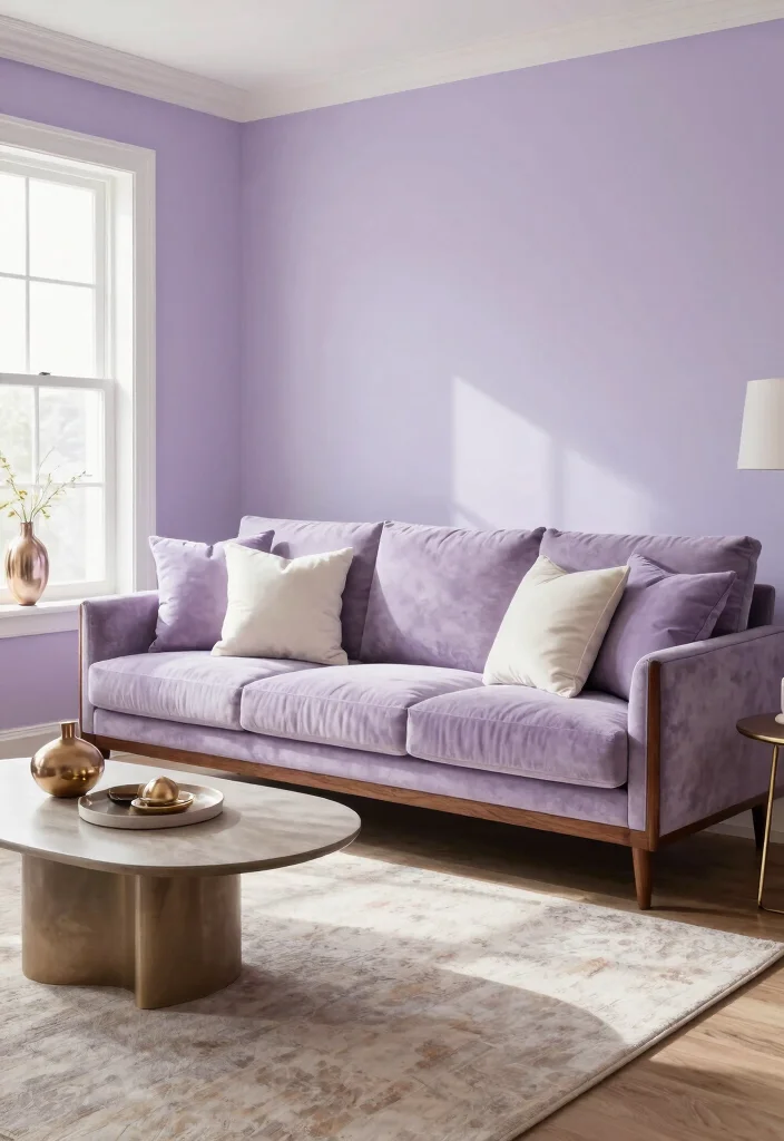 20 Living Room Color Ideas with Dark Furniture - 11. Soft Lavender for a Dreamy Atmosphere 1
