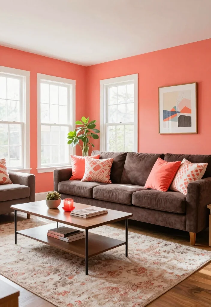 20 Living Room Color Ideas with Dark Furniture - 14. Bright Coral for a Lively Statement 1