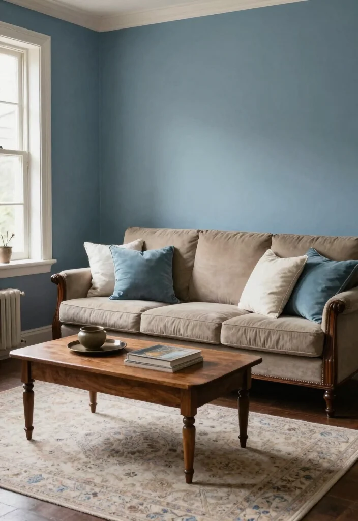 20 Living Room Color Ideas with Dark Furniture - 15. Dusty Blue for a Vintage Charm 1