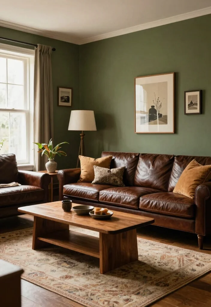 20 Living Room Color Ideas with Dark Furniture - 16. Olive Green for Earthy Depth 1