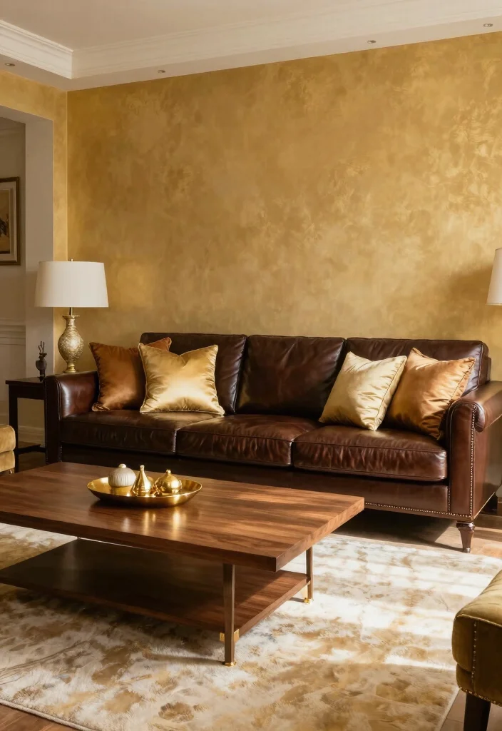20 Living Room Color Ideas with Dark Furniture - 17. Soft Gold for a Luxurious Glow 1