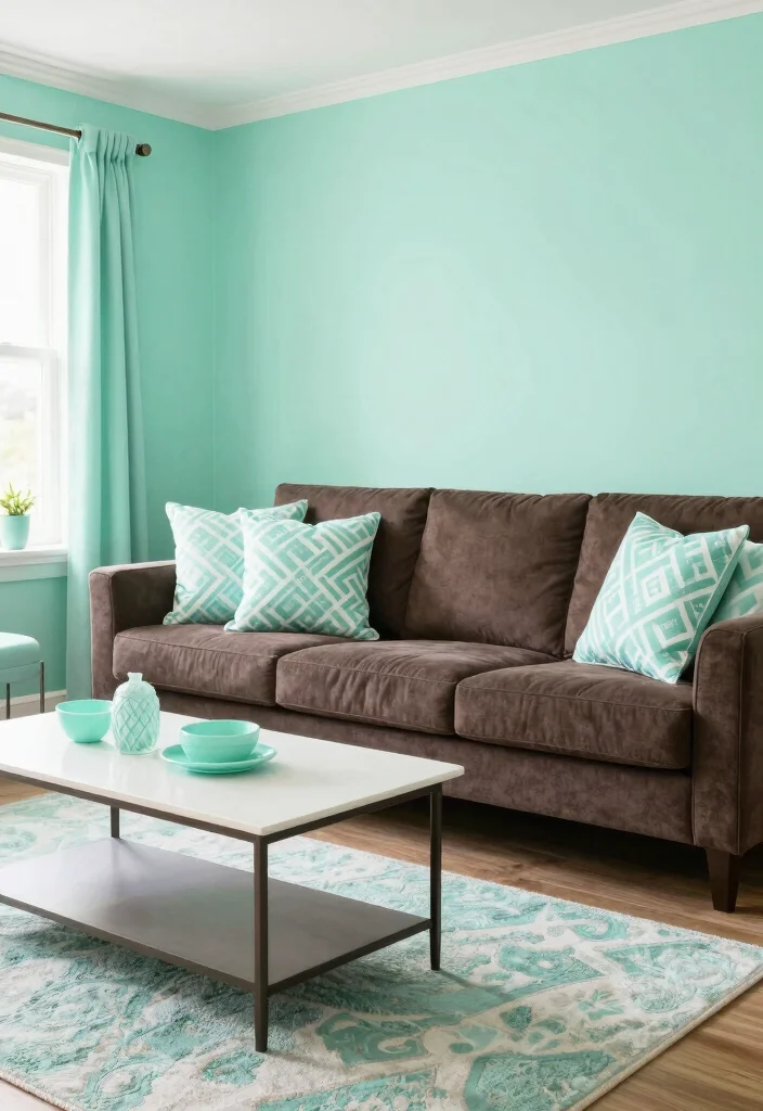 20 Living Room Color Ideas with Dark Furniture - 19. Fresh Mint for a Unique Twist 1