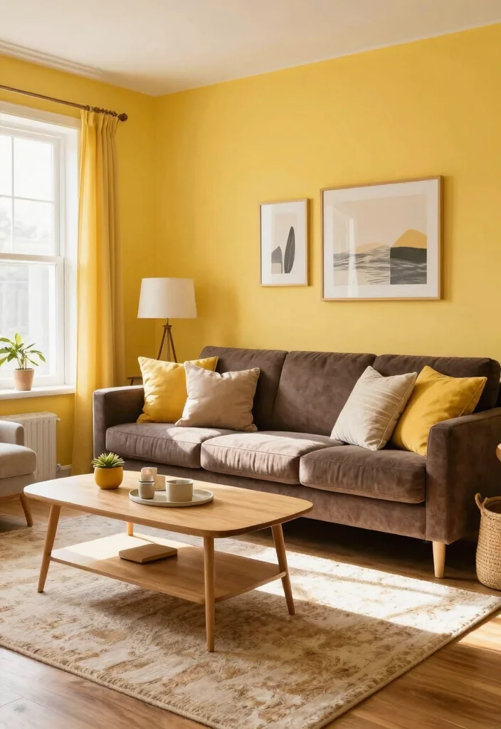 20 Living Room Color Ideas with Dark Furniture - 20. Mellow Yellow for Cheerful Vibes 1
