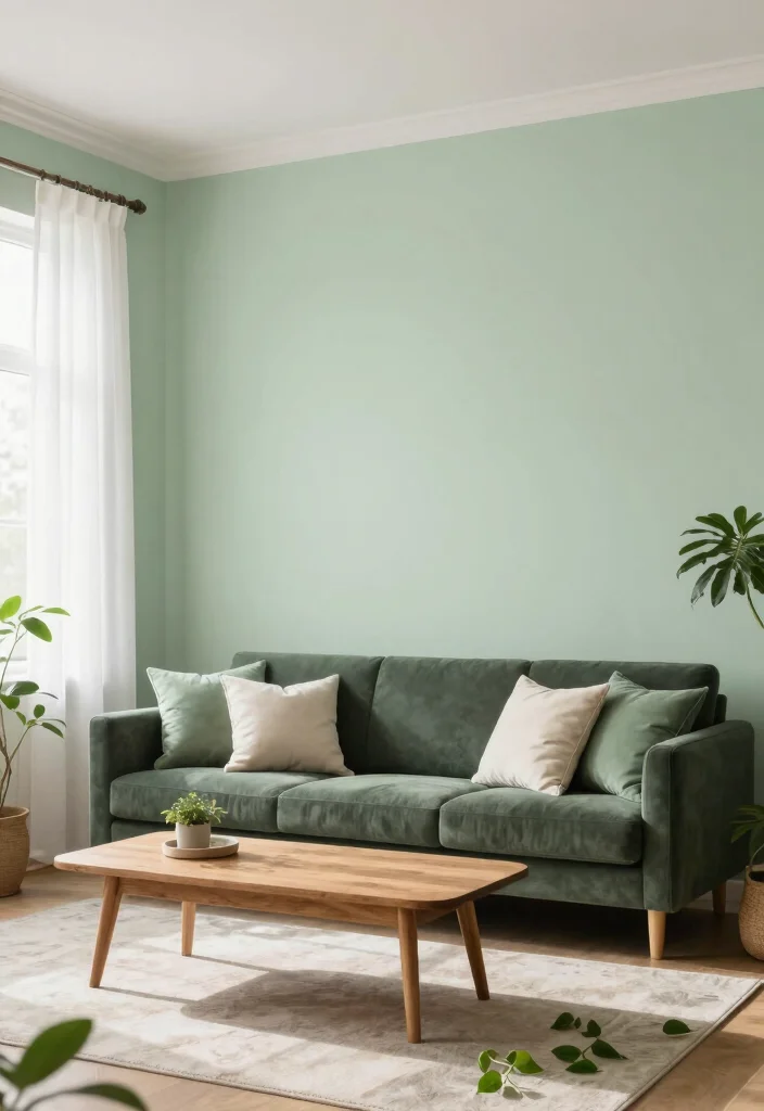20 Living Room Color Ideas with Dark Furniture - 3. Light Sage Green for Airy Freshness 1