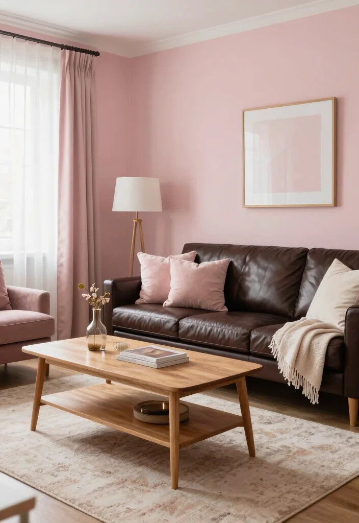 20 Living Room Color Ideas with Dark Furniture - 5. Soft Blush Pink for a Gentle Touch 1