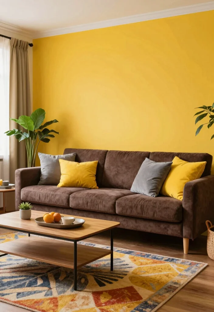 20 Living Room Color Ideas with Dark Furniture - 6. Vibrant Mustard Yellow for a Pop of Energy 1