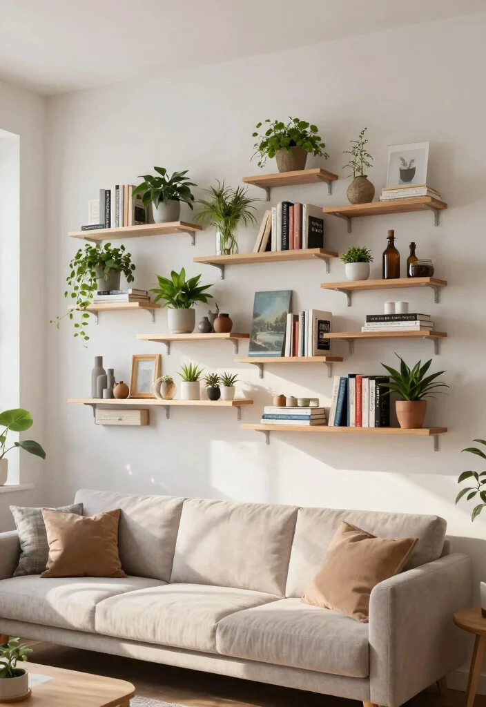 20 Living Room Furniture Ideas for Small Spaces - 5. Wall-Mounted Shelves: Maximize Vertical Space 1