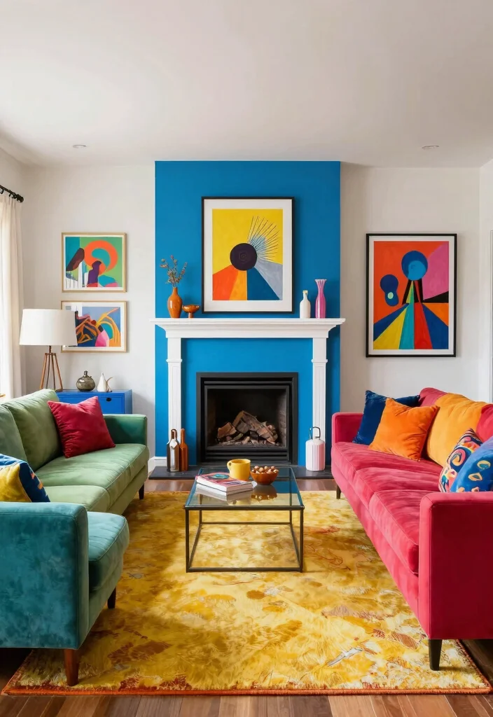 20 Living Room Layouts with Corner Fireplaces for Modern Rustic Charm - 11. Brighten with Bold Colors 1