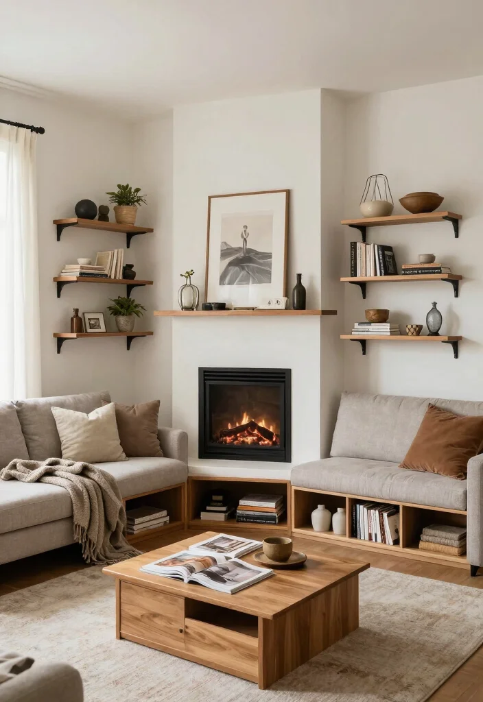 20 Living Room Layouts with Corner Fireplaces for Modern Rustic Charm - 14. Smart Storage Solutions 1