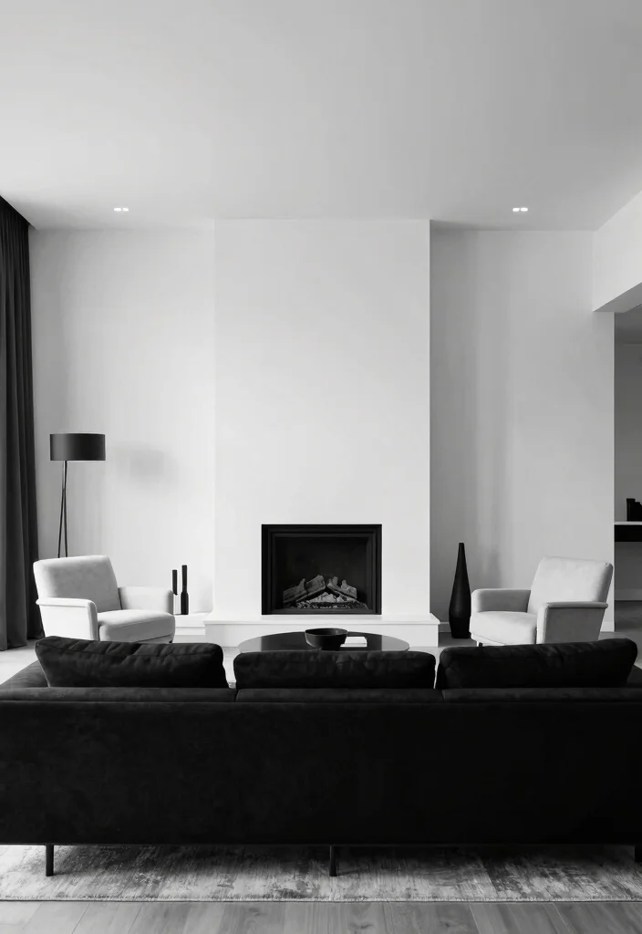 20 Living Room Layouts with Corner Fireplaces for Modern Rustic Charm - 15. The Modern Black and White Contrast 1