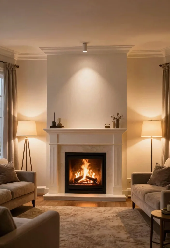 20 Living Room Layouts with Corner Fireplaces for Modern Rustic Charm - 16. Layered Lighting Design 1