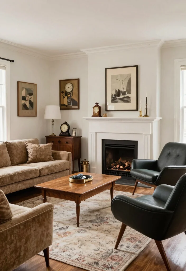 20 Living Room Layouts with Corner Fireplaces for Modern Rustic Charm - 19. Vintage Charm with Modern Twists 1