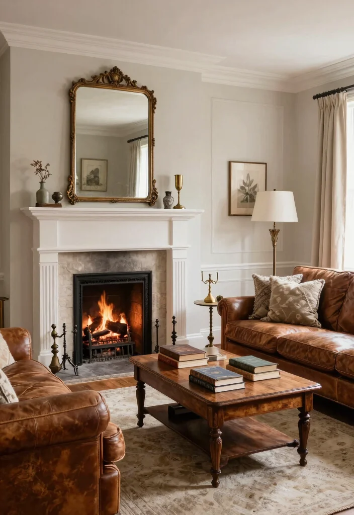 20 Living Room Layouts with Corner Fireplaces for Modern Rustic Charm - 6. Rustic Elegance with Antiques 1