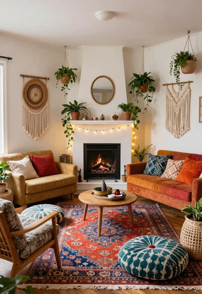 20 Living Room Layouts with Corner Fireplaces for Modern Rustic Charm - 8. Eclectic Bohemian Vibes 1