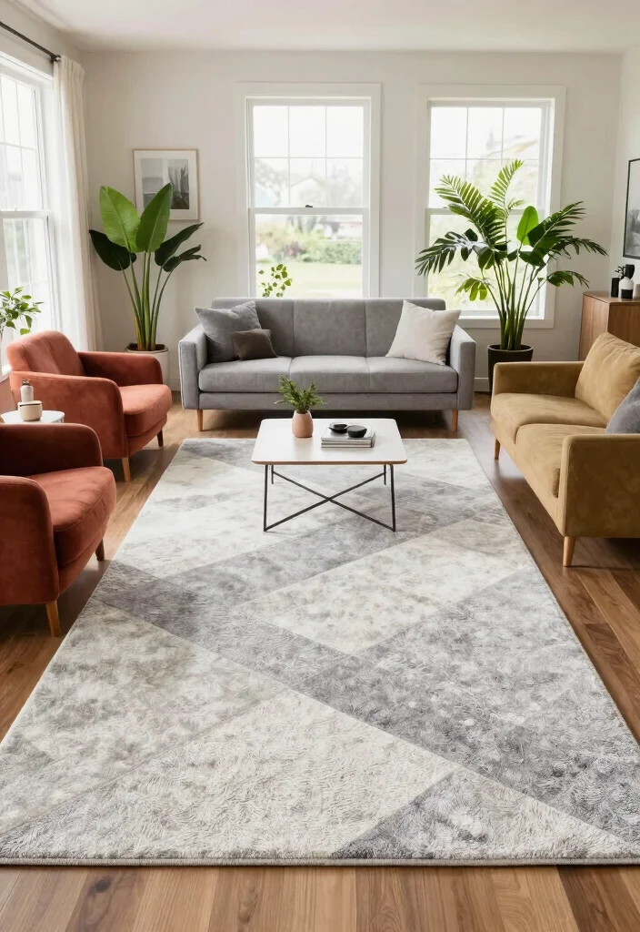 20 Long Rectangle Living Room Layout Ideas and Furniture Arrangement - 1. Define Zones with Rugs 1