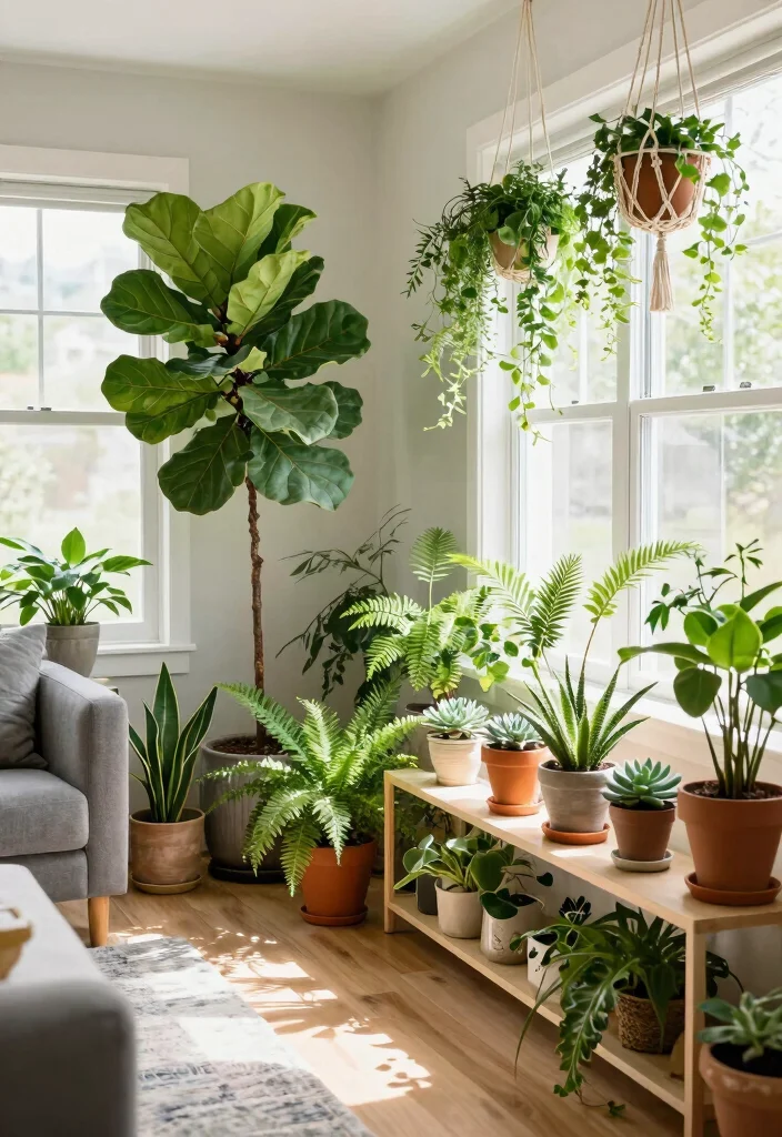 20 Long Rectangle Living Room Layout Ideas and Furniture Arrangement - 10. Integrate Greenery 1