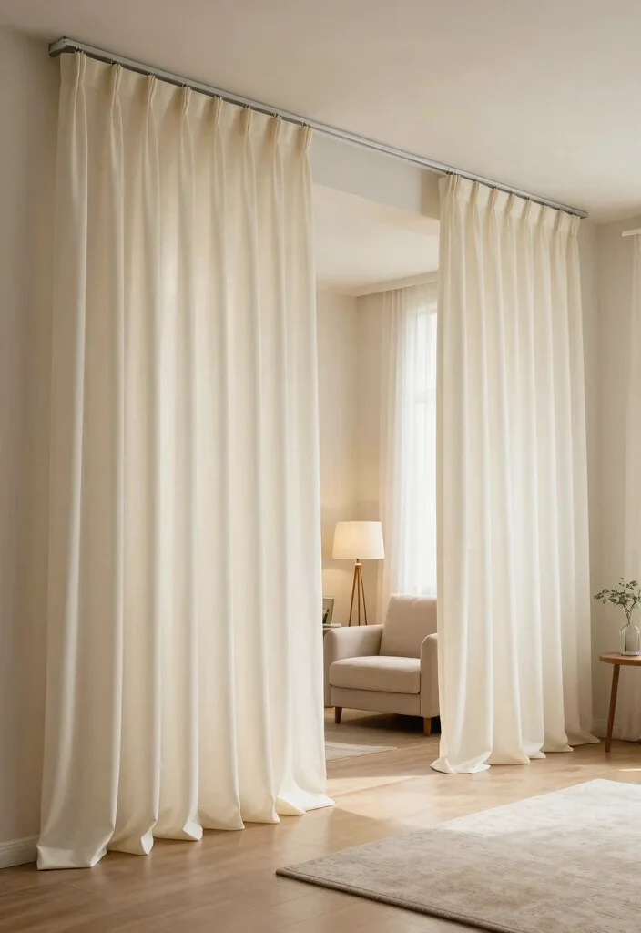 20 Long Rectangle Living Room Layout Ideas and Furniture Arrangement - 16. Soft Partitioning with Curtains 1