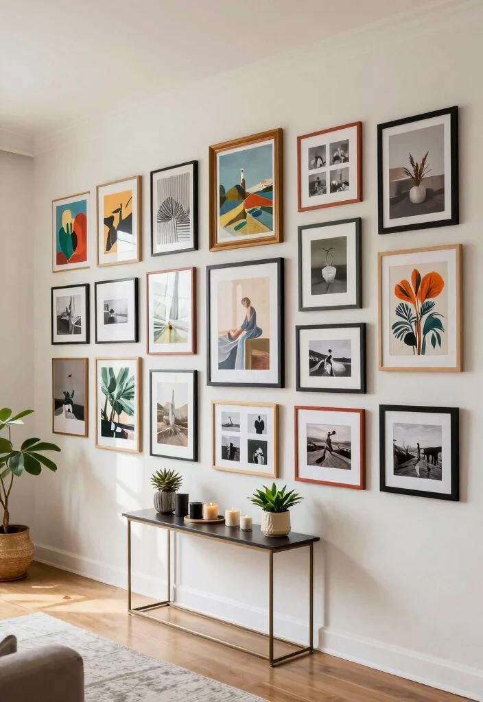 20 Long Rectangle Living Room Layout Ideas and Furniture Arrangement - 9. Curate a Gallery Wall 1