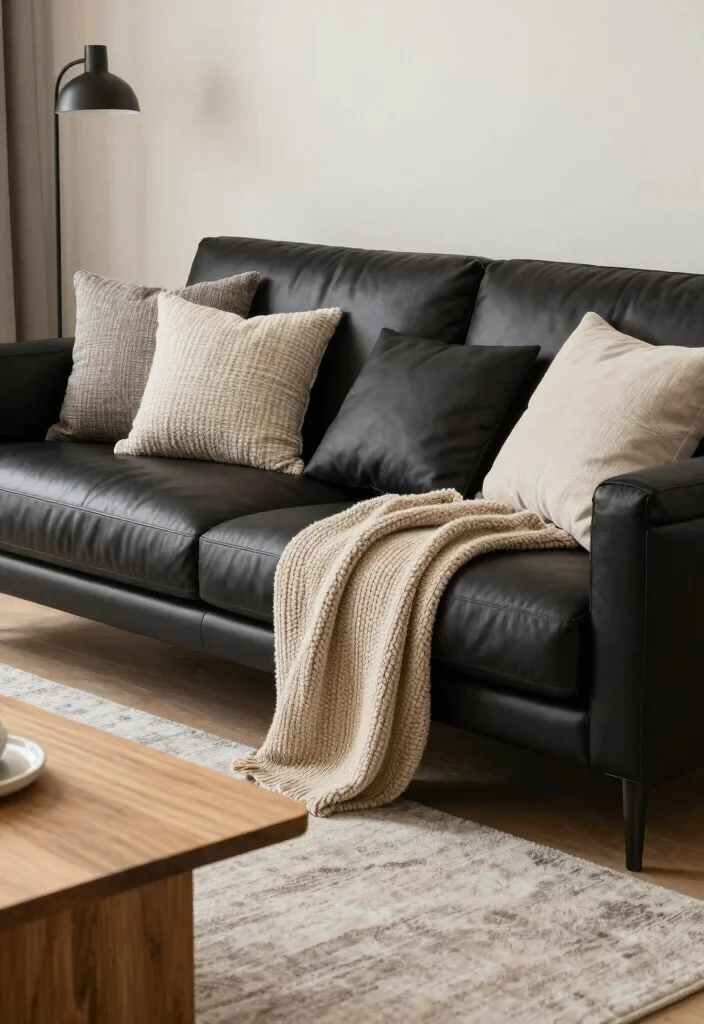 20 Modern Minimalist Black Furniture Living Room Decor Ideas - 1. Sleek Black Sofa with Cozy Accents 1