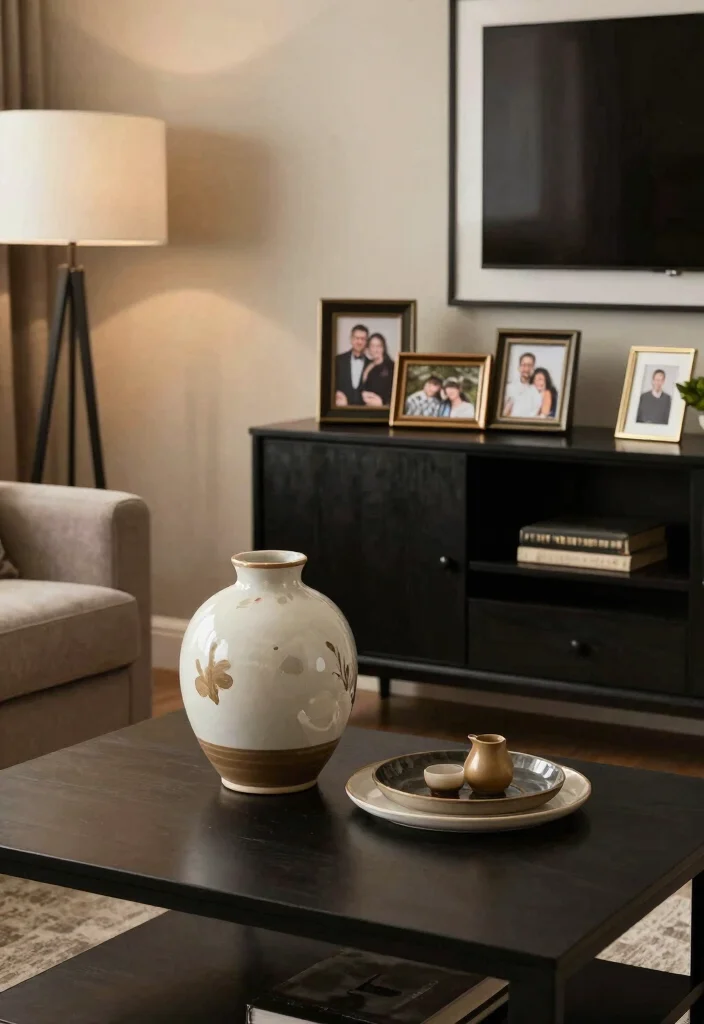 20 Modern Minimalist Black Furniture Living Room Decor Ideas - 10. Personalized Accessories 1