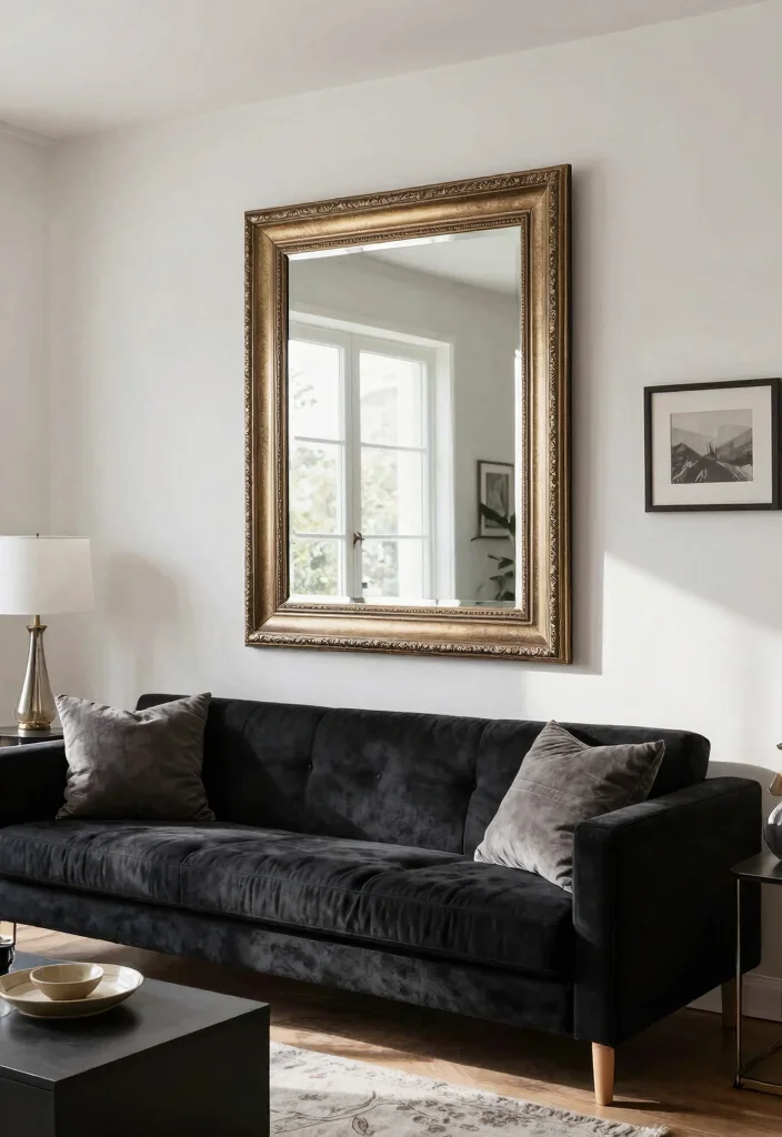 20 Modern Minimalist Black Furniture Living Room Decor Ideas - 13. Using Mirrors to Enhance Space 1