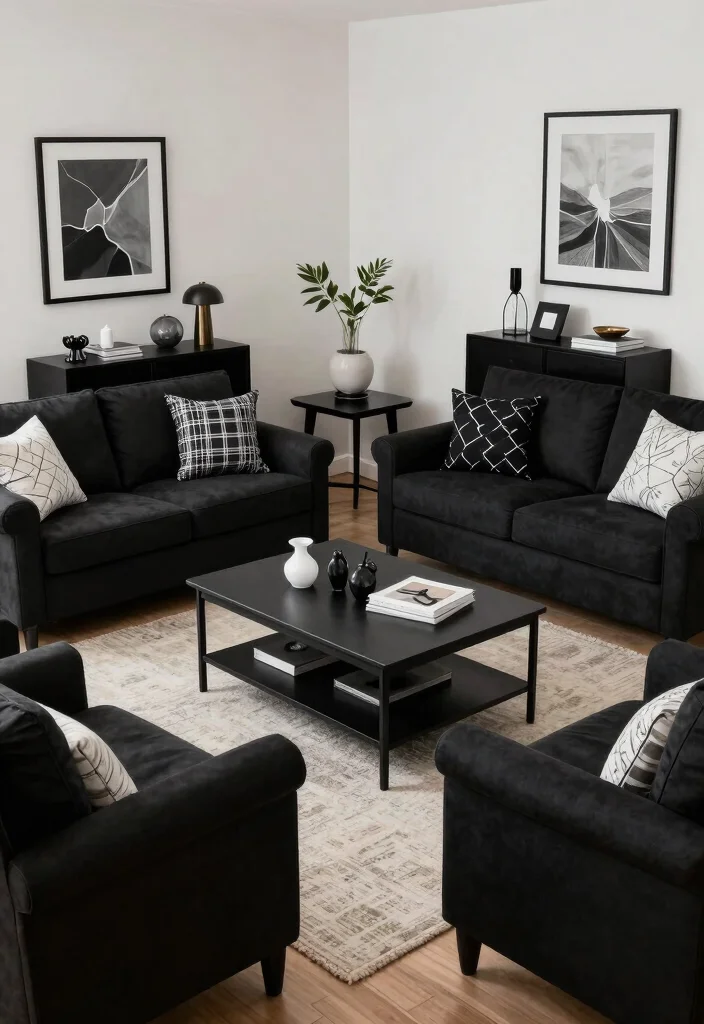 20 Modern Minimalist Black Furniture Living Room Decor Ideas - 15. Functional Furniture Layout 1