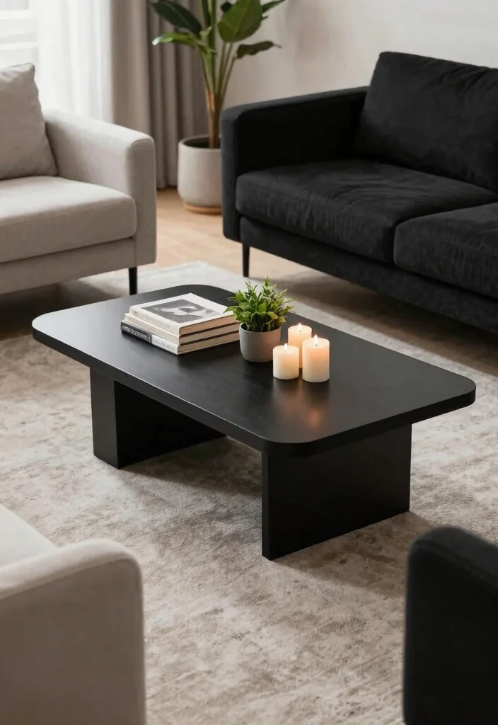 20 Modern Minimalist Black Furniture Living Room Decor Ideas - 2. Bold Black Coffee Table 1