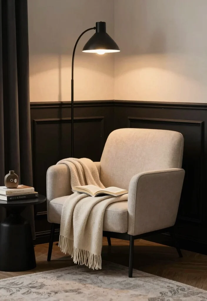 20 Modern Minimalist Black Furniture Living Room Decor Ideas - 20. Create a Cozy Reading Nook 1