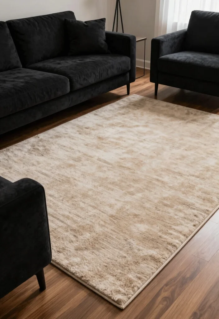 20 Modern Minimalist Black Furniture Living Room Decor Ideas - 6. Textured Rugs Underfoot 1