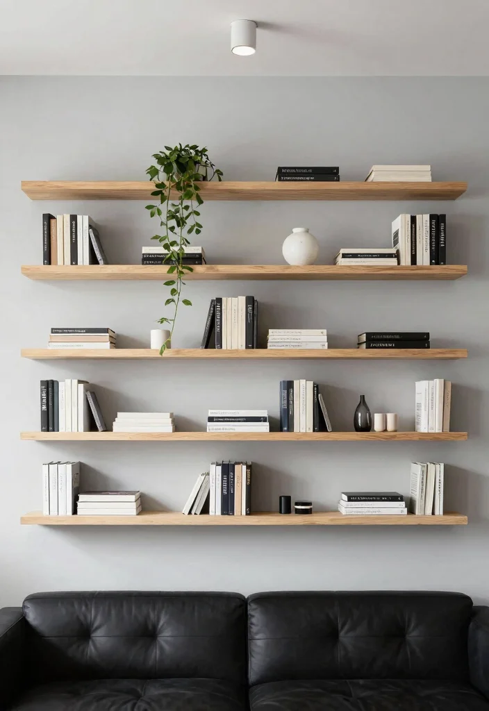 20 Modern Minimalist Black Furniture Living Room Decor Ideas - 9. Minimalist Wall Shelving 1