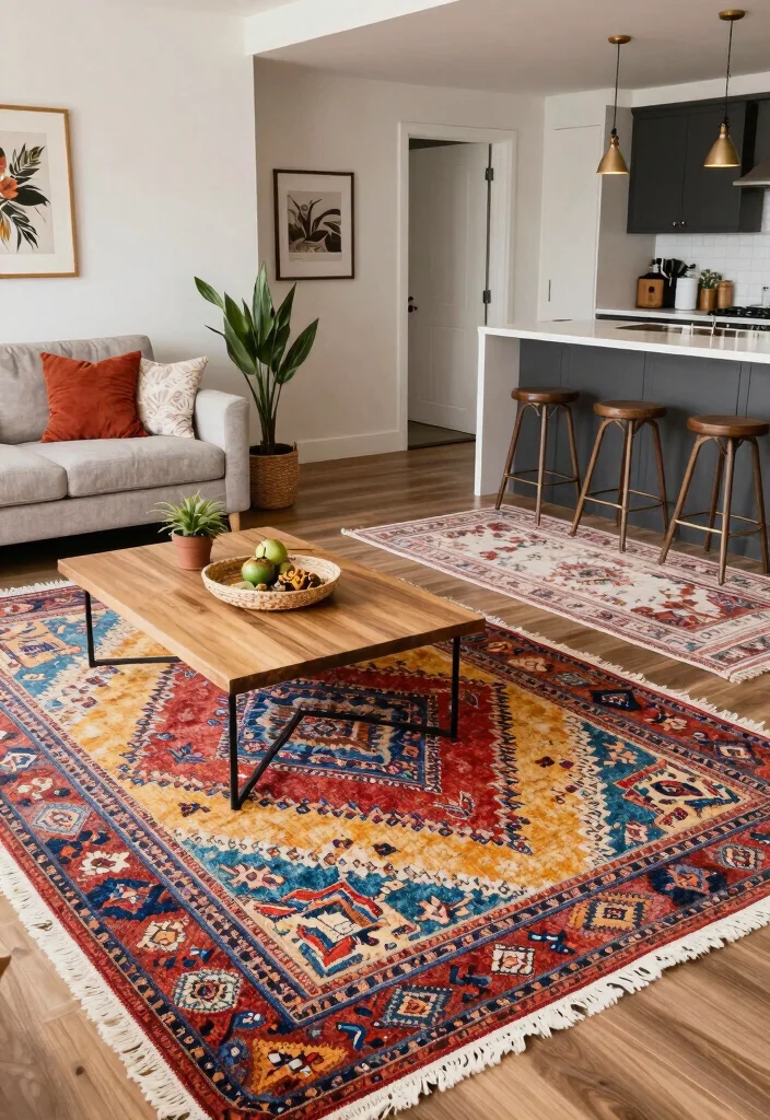 20 Open Concept Kitchen and Living Room Layout Furniture Ideas - 13. Defined Spaces with Rugs 1