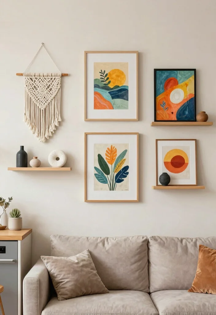 20 Open Concept Kitchen and Living Room Layout Furniture Ideas - 6. Bohemian Wall Art 1