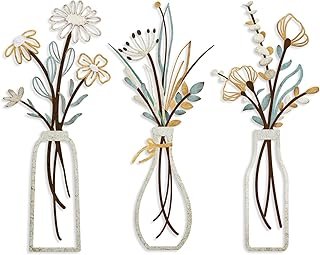 Pigort 3 Pieces Metal Flowers Wall Arts - Rustic Farmhouse Decor Beige M...