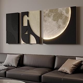 3D Textured Black and White Abstract Wall Art with LED Lights Moon Desig...