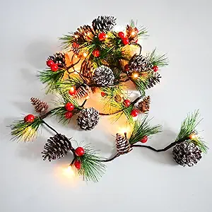 Christmas Garland Lights 6.56FT Holiday Prelit Garlands Pine Cone Garland with Red Berry Upgraded...