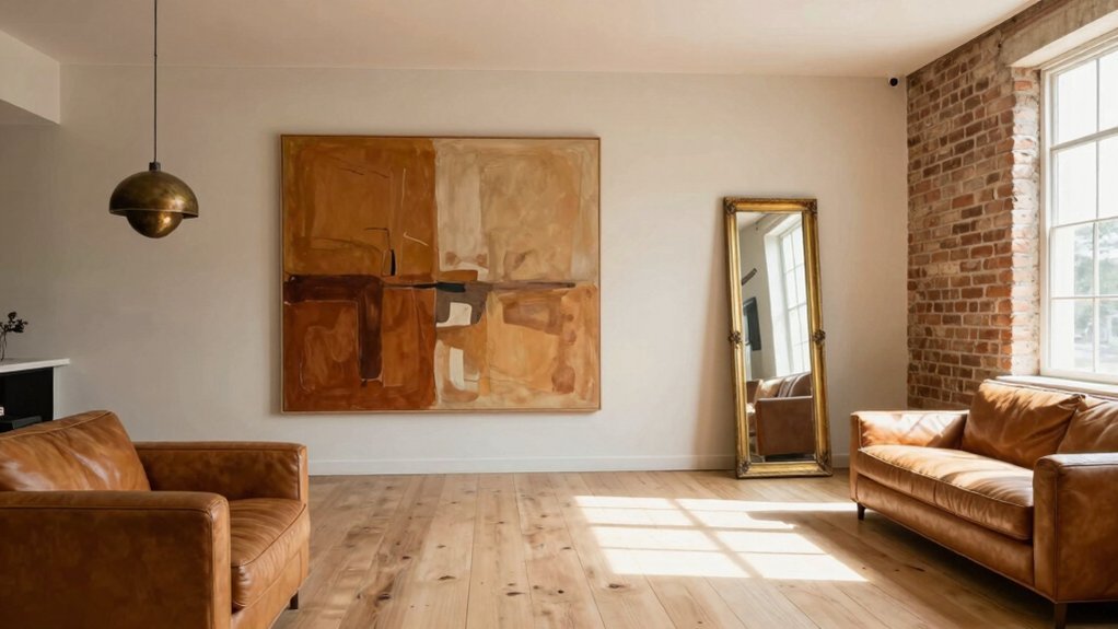 oversized art and mirrors anchor walls