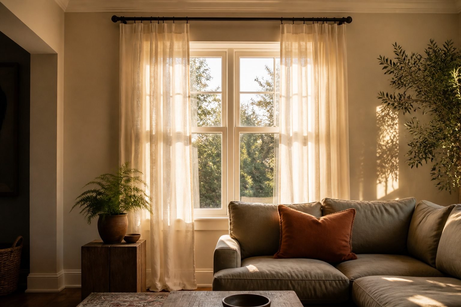 A modern room with curtains installed above the window frame.