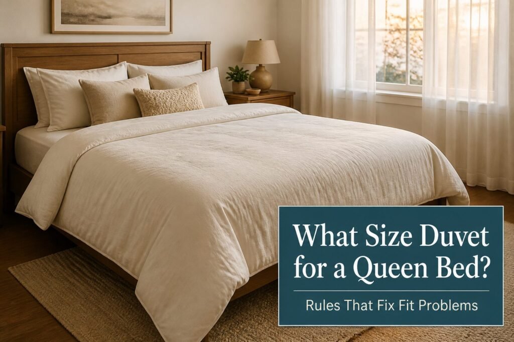 Queen bed with a 90 by 90 inch duvet cover draped on it.